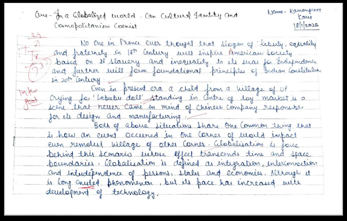 First page of a handwritten mains answer on globalisation and cultural identity, with the evaluator&rsquo;s marks in the margin