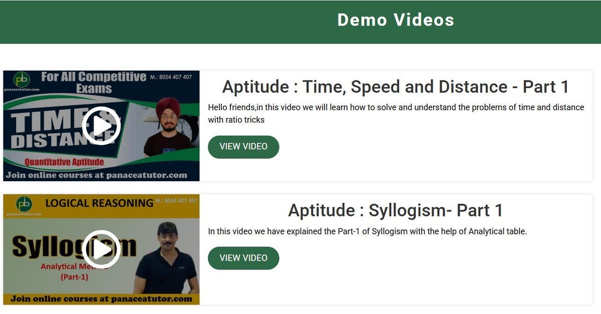 Demo videos listed on the PanaceaTutor portal, including Aptitude: Time, Speed and Distance and Aptitude: Syllogism